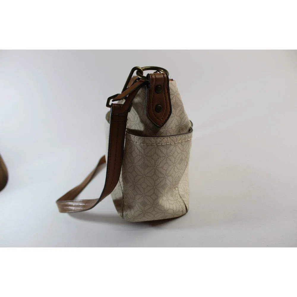 Rosetti Satchel Handbag Beige Geometric Print Brown Faux Leather Strap Pockets